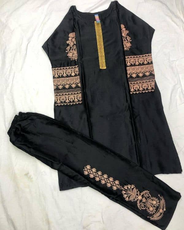 2 PCs woman's stitched katan silk embroiderd shirt and trouser 1