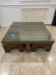 Versace Design Antique Coffee Table with 4 Retractable stool and glass