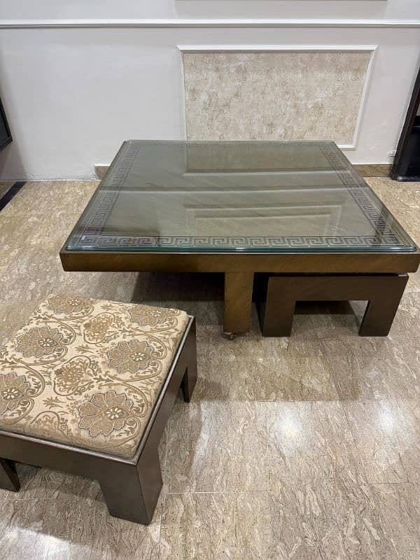 Versace Design Antique Coffee Table with 4 Retractable stool and glass 2