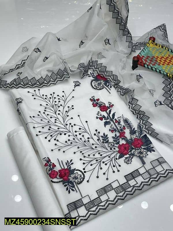 3 pcs woman unstitched organaz embroidered 1