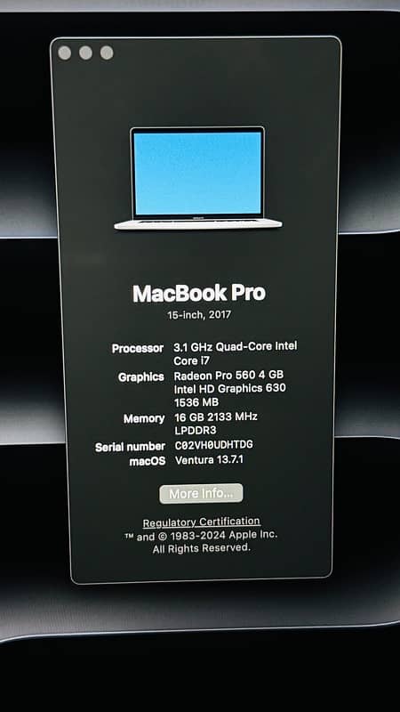 McBook Pro 2017 16GB 1TB SSD 15Inch 3