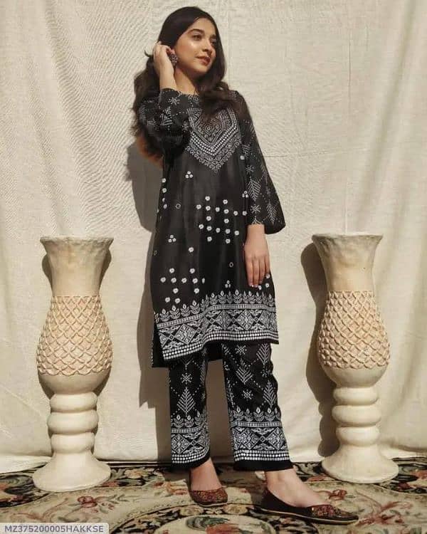 2 Pcs Women's Stitched Linen Printed Shirt And Trouser 3