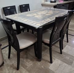 glass top wooden dinning table with 6 chairs