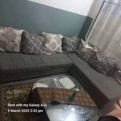 urgentl sale because of shifting Lshape sofa with couch and glasstable