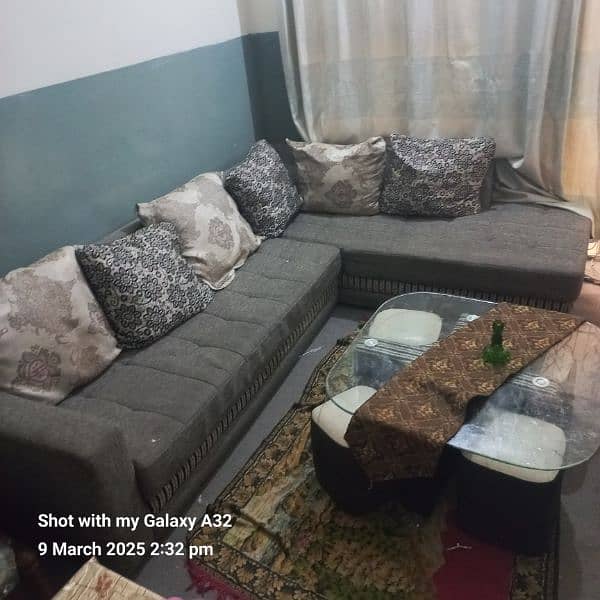 urgentl sale because of shifting Lshape sofa with couch and glasstable 1