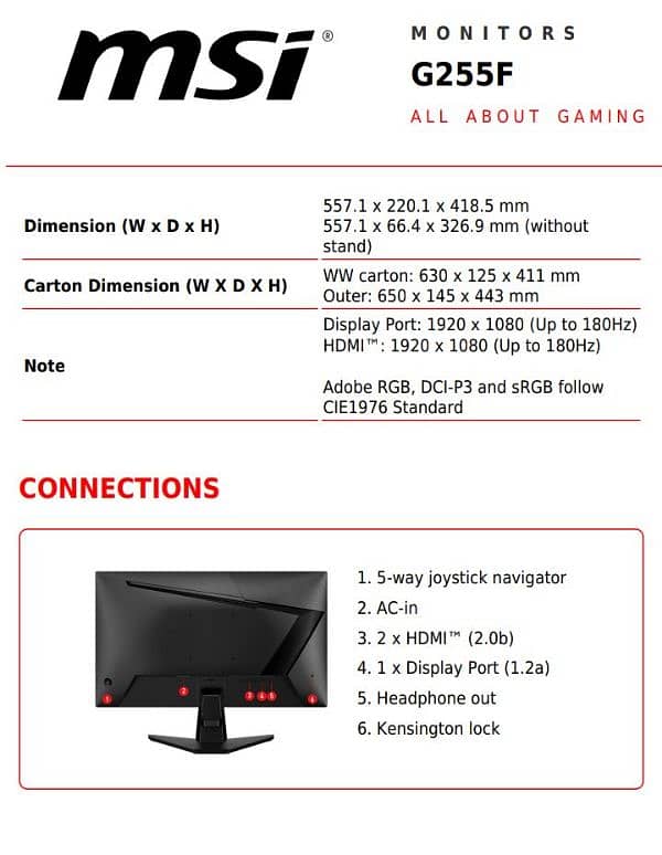 MSI 255F 25inch 180 hz Gaming Monitor 1