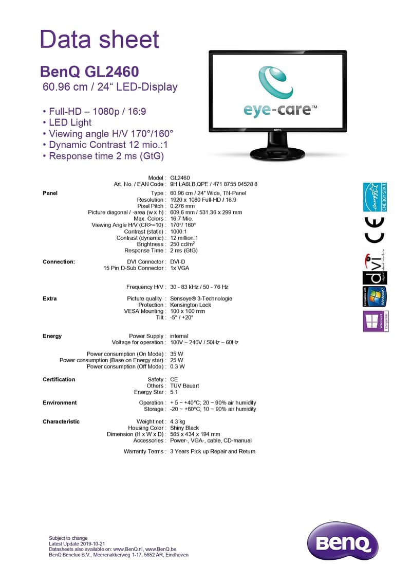 BenQ GL2460-B LCD Monitor 24 Inches 60 Hz HDMI 8