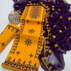 Sunny Splendor: Handcrafted Yellow Embroidered Cotton & Chiffon 3-Piec