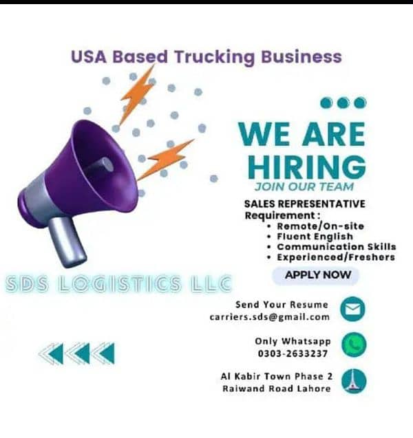 Hiring Fresher and Experienced Slaes agent for Truck Dispatch Campaign 0