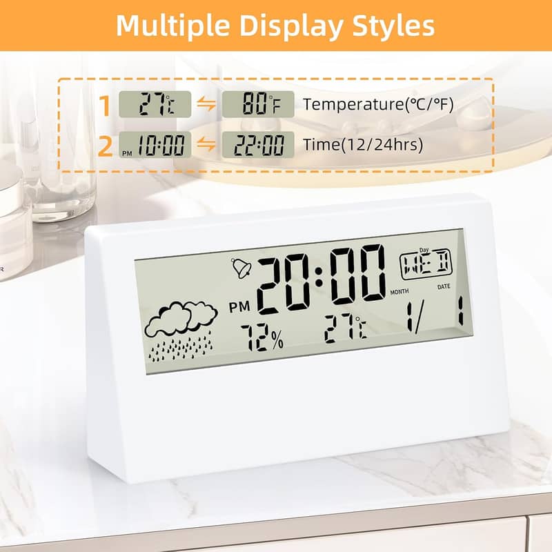 Digital Alarm Clock, Transparent LCD Display with Indoor Temperature, 13