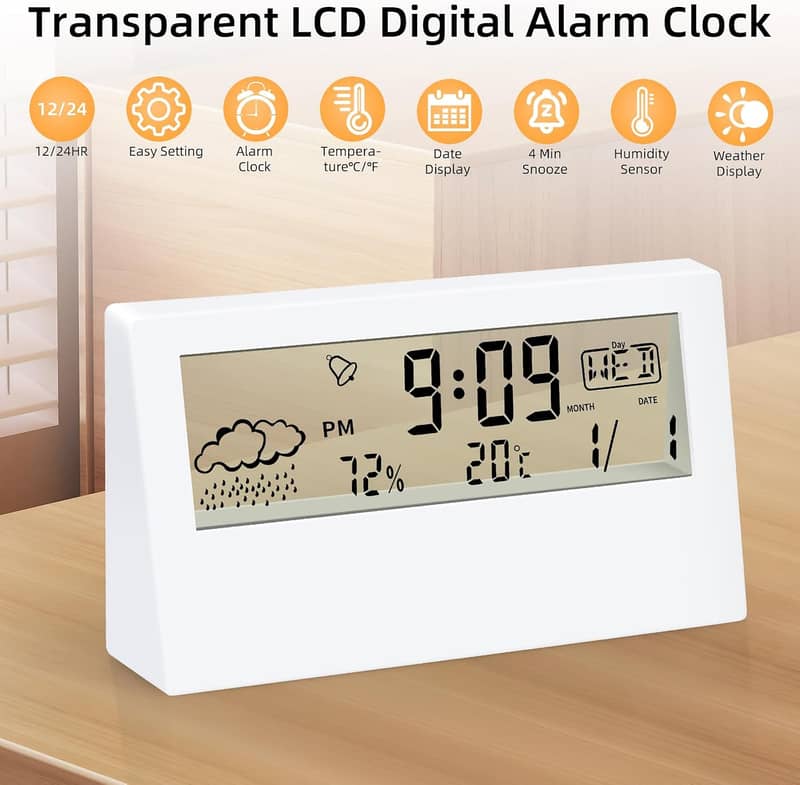 Digital Alarm Clock, Transparent LCD Display with Indoor Temperature, 17