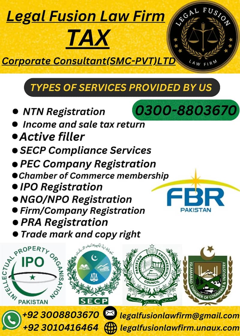 Tax Registration  Servies , FBR , SECP , NGO , PRP , NTN  Registration 4