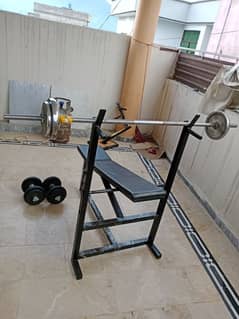 bench press, dumbbells with rod and plates