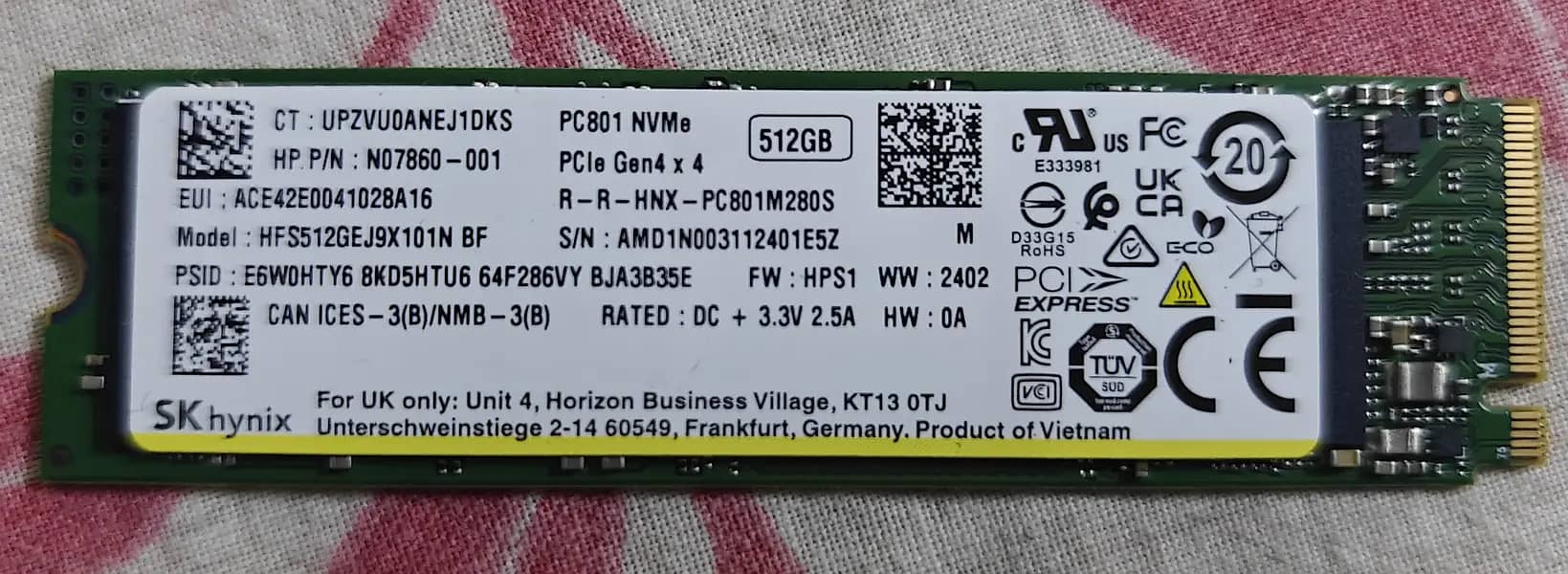 SK Hynix PC801 512GB M. 2 2280 NVMe PCIe 4.0 x4 SSD N07860-001 1
