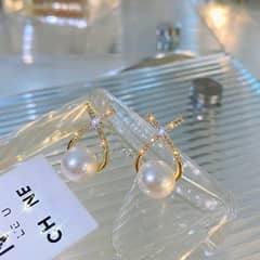 Elegant Golden cross pearl zircon earrings