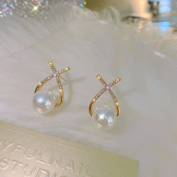 Elegant Golden cross pearl zircon earrings 1