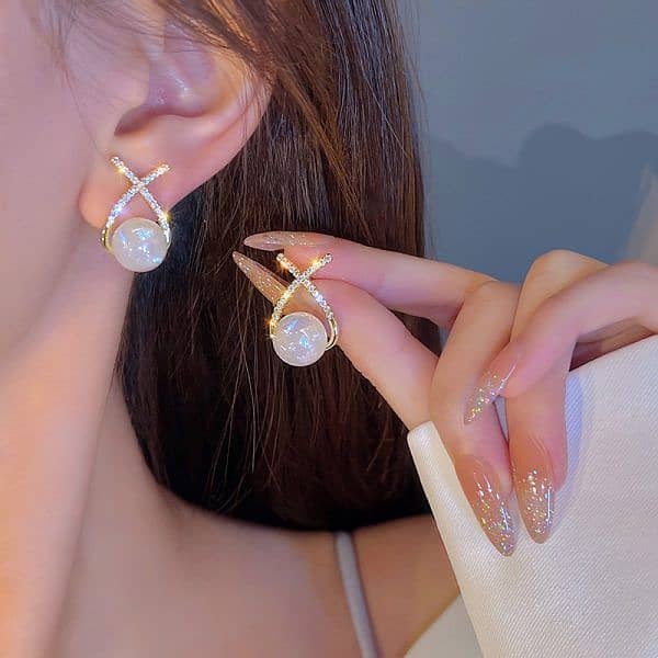 Elegant Golden cross pearl zircon earrings 2