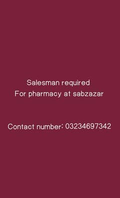 salesman required for BINT E HAWA pharmacy