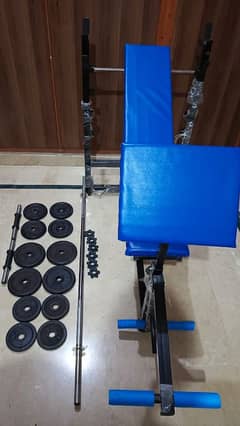 mini home gym ,weight plates , rod , screws, bench, dumbbell rod