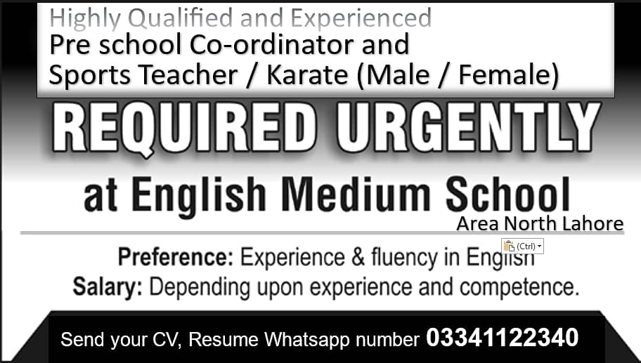 Pre school Co-ordinator and  Sports Teacher / Karate (Male / Female) 0