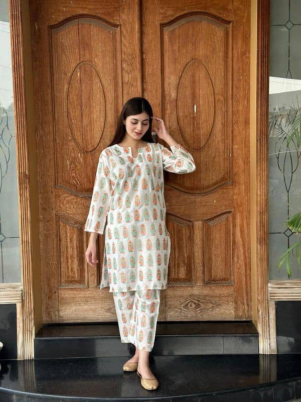 2 pcs women's stitched Arabic lawn printed Shirt and trouser white 3