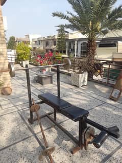 workout bench with barbells,dumbbells and weights