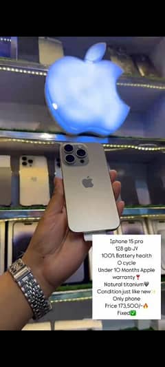 iPhone 15 pro JV 128GB 0 cycle 100 health natural titanium colour