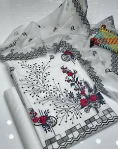 Home delivery 3 Pcs Women's Unstitched OrganzaEmbroidered Suit