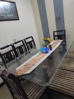 8-Seater Wooden Dining Table with Glass Top - In Good Condition