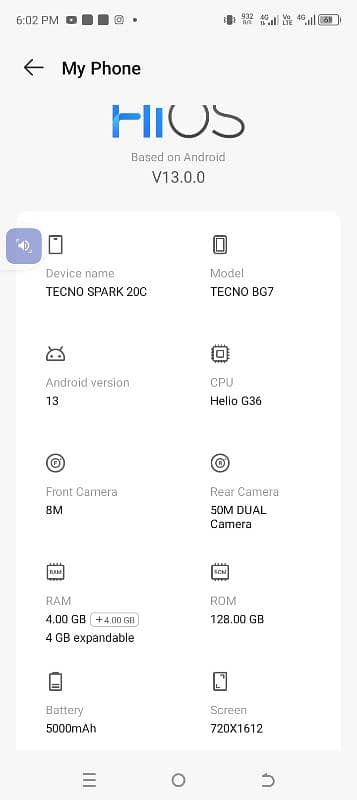 Tecno spark 20c 4+4 128 5