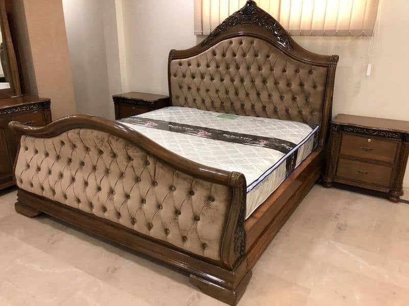 walnut wood furniture bed with king diamond mattress dressing almirah 1