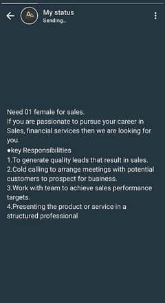 Female Sale person is required having sale experience over the phone