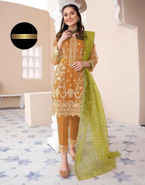 3 pcs stitched orgenza embroidered  suits 3