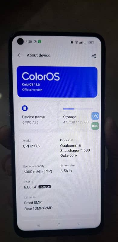 OPPO A76 (12/128) with box blue Color 10/10 Condition 4