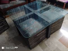 Modern 4x4 Glass Top Table with 4 Storage Stools – Stylish