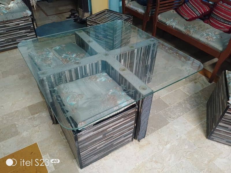 Modern 4x4 Glass Top Table with 4 Storage Stools – Stylish 1