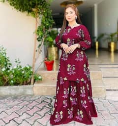 2 piece women stitches linen printed suit