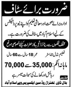 Urgent staff Required 5 male 3 female Required