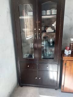 1 full 2 door almari  wooden + cabinets  with  drawers