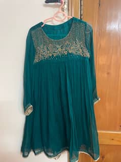 Beautiful bottle green short frock with bottle green trouser