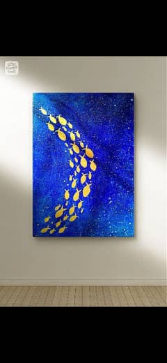 Aesthetic Abstract Blue and Golden Acrylic Painting.