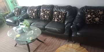 7 seater sofa set leather pure with glass table and cushion