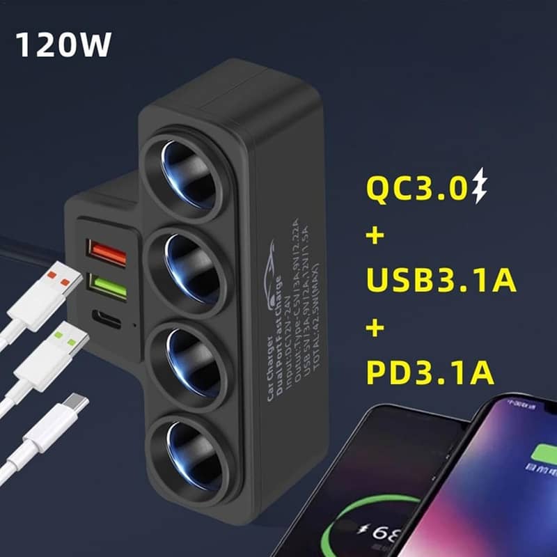 4 Cigarette Lighter Sockets,1 PD Fast Charger Port 2-Port USB Adapter 11