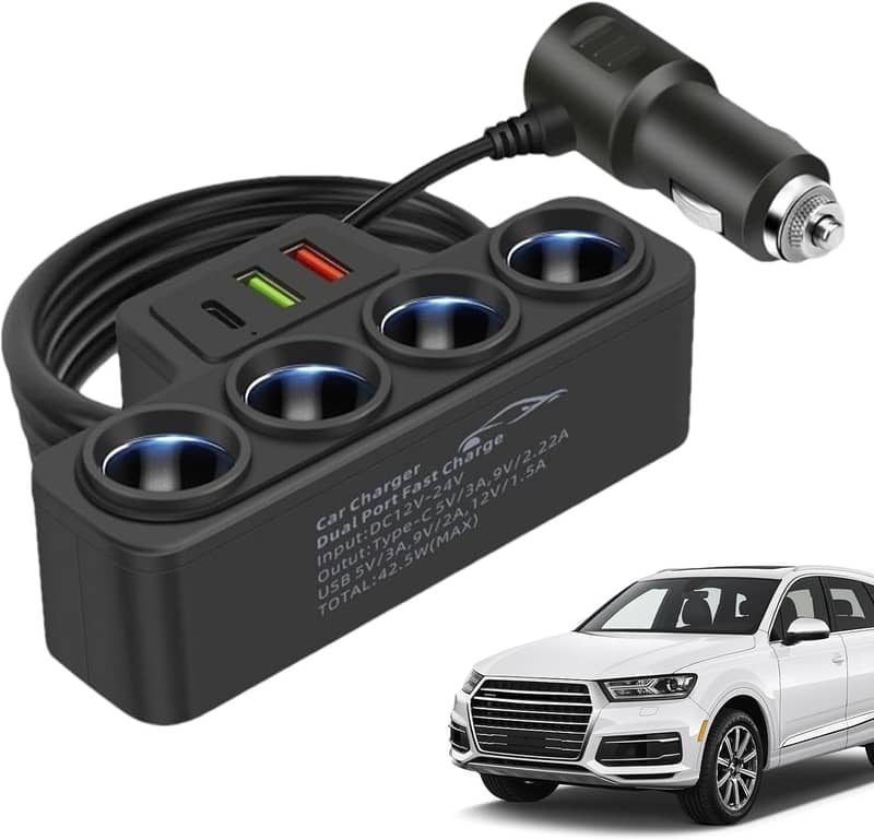4 Cigarette Lighter Sockets,1 PD Fast Charger Port 2-Port USB Adapter 13