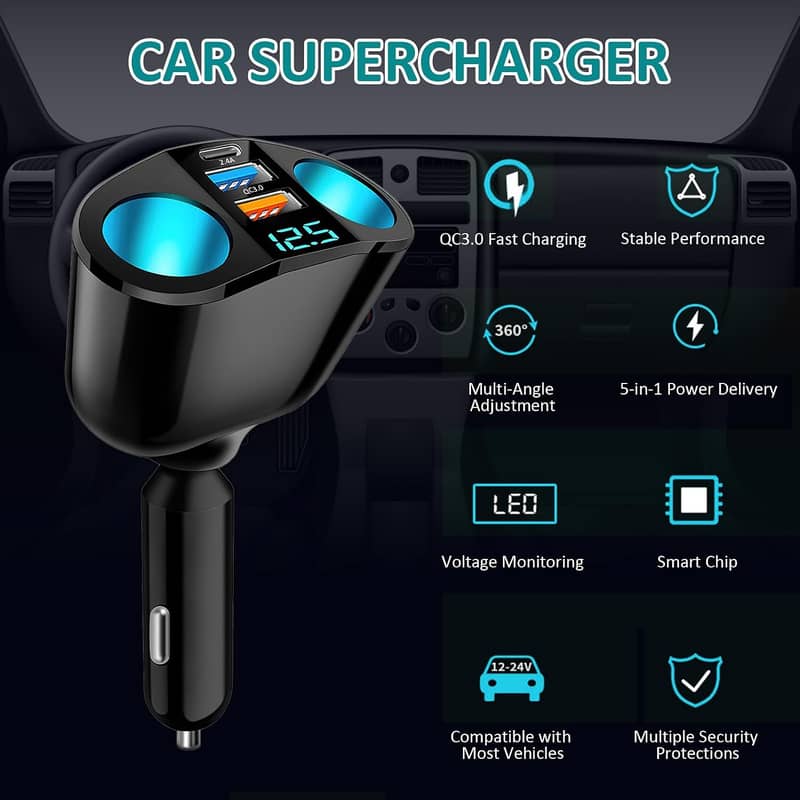 Advanced 5-in-1 120W  Car Lighter Adapter, USB C QC3.0 & PD 12V/24V, 1