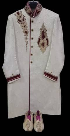 White & Golden Sherwani with Matching Khussa & Turban for sale for men