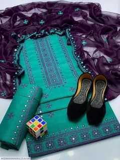 3 Pcs Women's Unstitched  Embroidered Suit