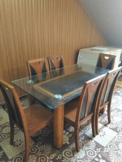 Wooden Dining Table with Glass Top for 6 Persons Dining