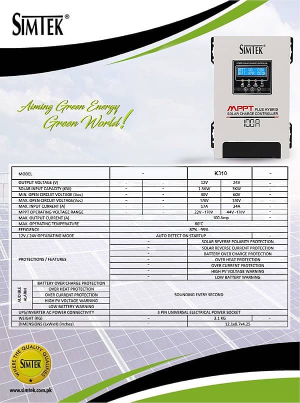 SIMTEK Hybrid MPPT Solar Charge Controller 100A with DC load Auto det 7