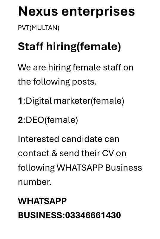 Staff hiring(female) 0